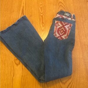 Miss Me Blue Jeans with Red Patterned Pocket